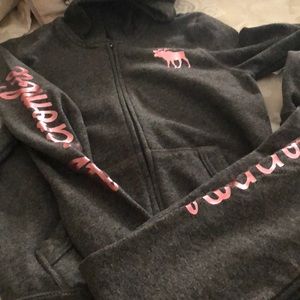 Abercrombie kids matching set hoodie and joggers dark grey with pink foil print